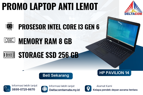 HP PAVILION 14 -BS743TU, TYPE BARU BODY SLIM, PROSESOR INTEL CORE I3 GEN 6 MEMORY RAM 8 GB STORAGE SSD 256 GB DISPLAY 14 INCH MULUS , WARNAH HITAM,